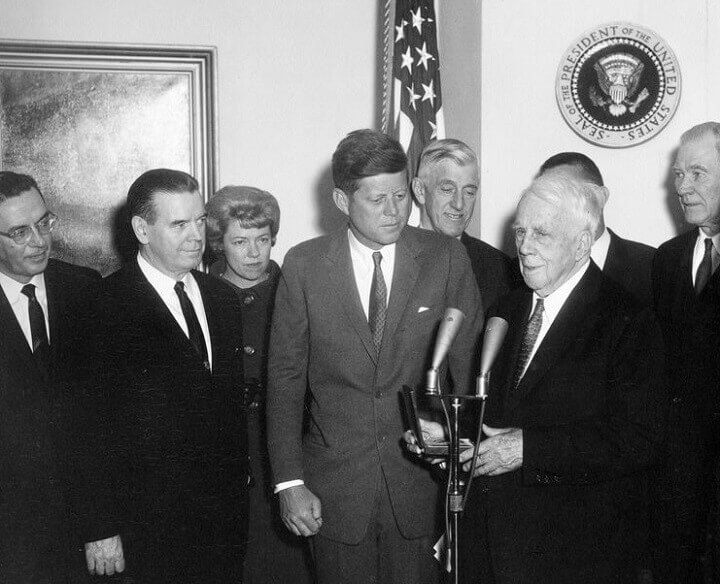 Photo of Kennedy Awarding Frost the US Congressional Gold Medal